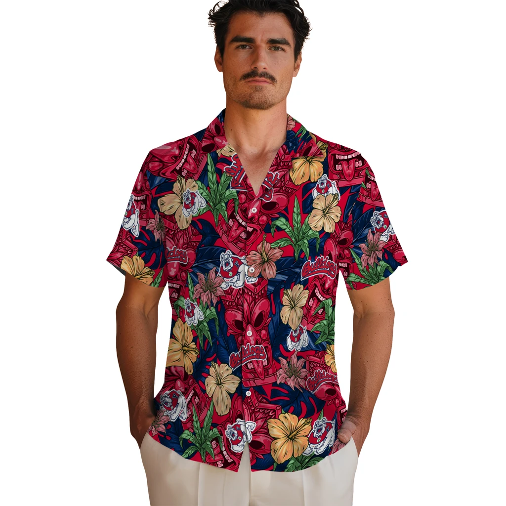 Fresno State Bulldogs Hawaiian Shirt - Hibiscus Tiki Jungle fresno state bulldogs tiki jungle red hawaiian shirts fashion forward