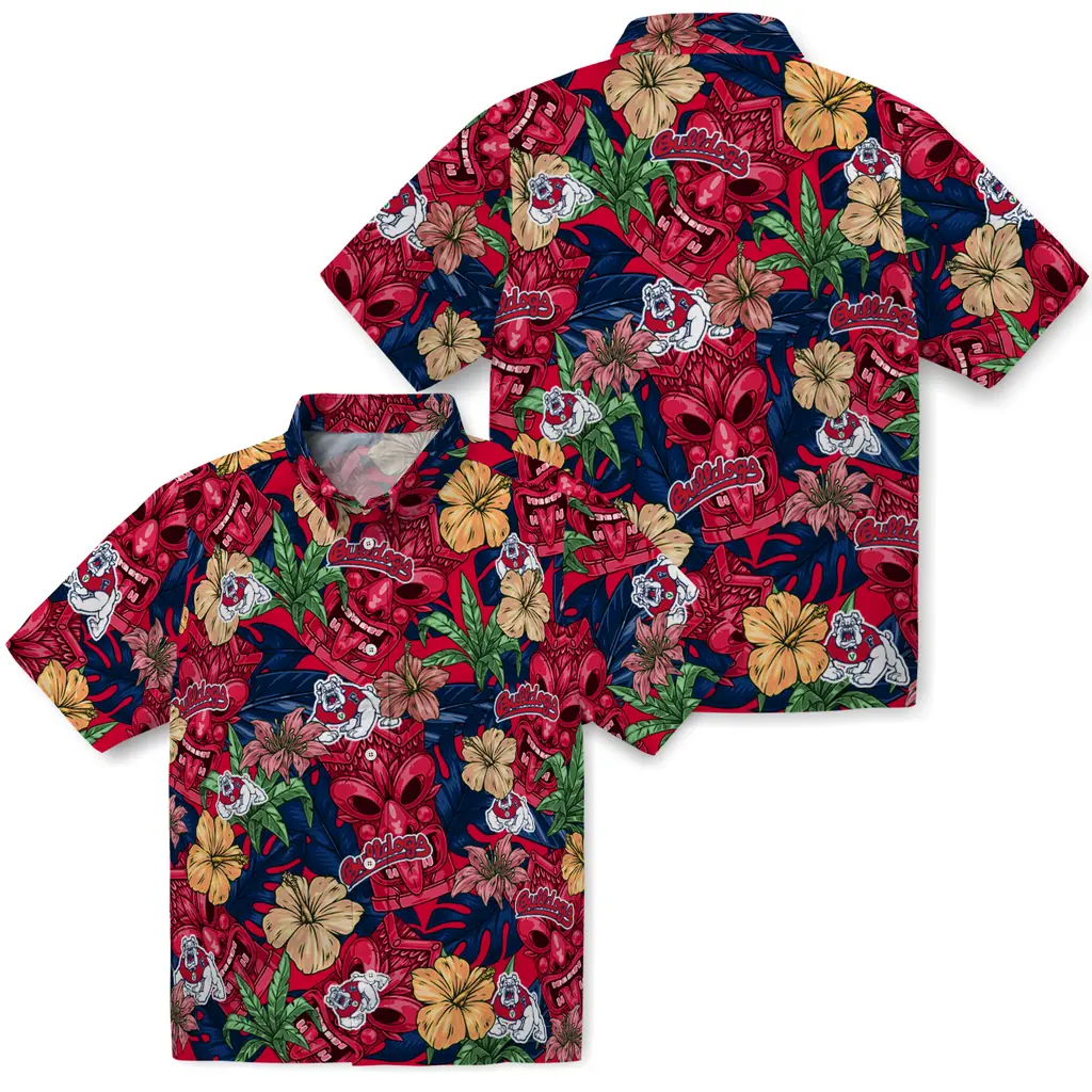 Fresno State Bulldogs Hawaiian Shirt - Hibiscus Tiki Jungle fresno state bulldogs tiki jungle red hawaiian shirts high quality