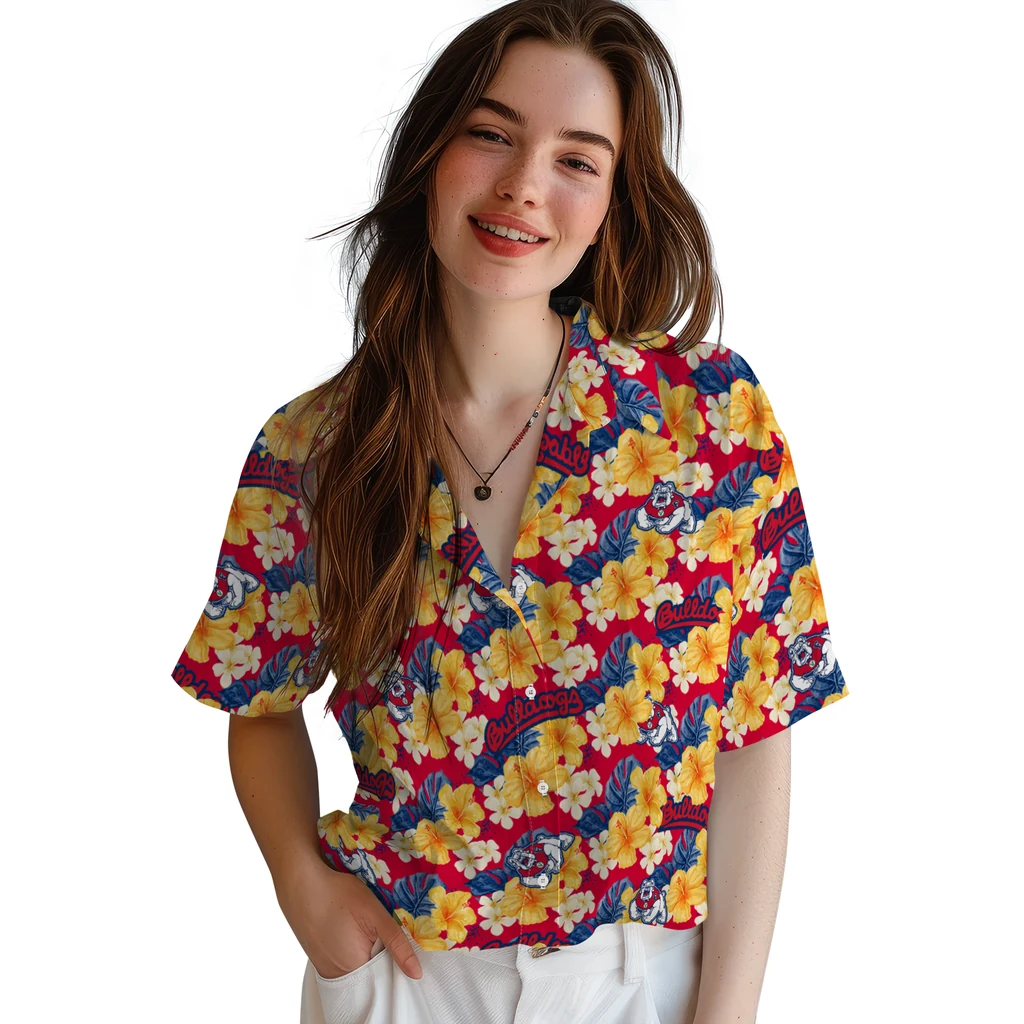 Fresno State Bulldogs Hawaiian Shirt - Hibiscus Tropics fresno state bulldogs hibiscus tropics red yellow hawaiian shirts latest model
