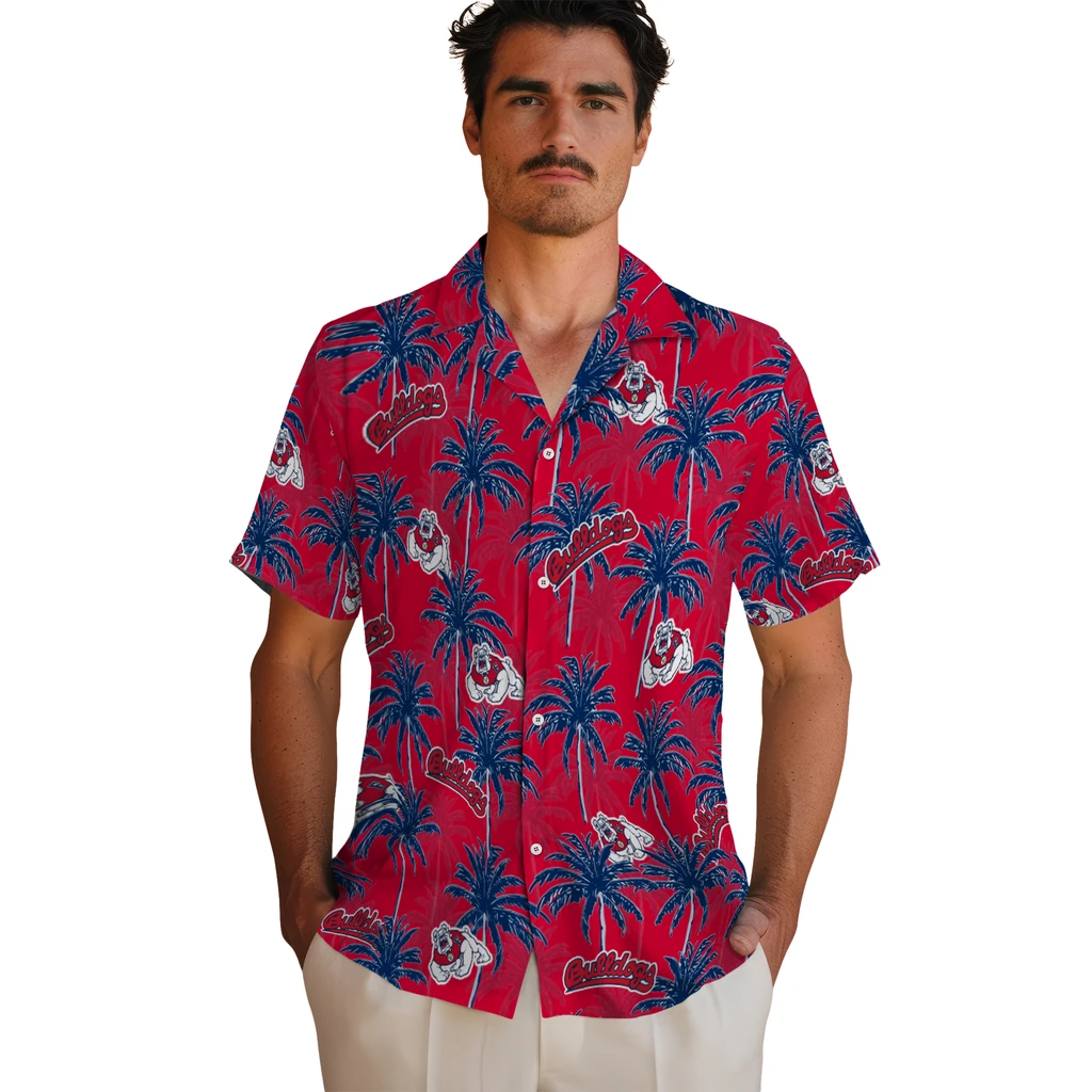 Fresno State Bulldogs Hawaiian Shirt - Palm Tree Motif fresno state bulldogs palm grove red hawaiian shirts fashion forward