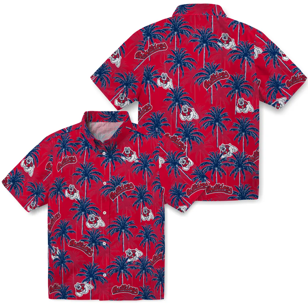 Fresno State Bulldogs Hawaiian Shirt - Palm Tree Motif fresno state bulldogs palm grove red hawaiian shirts high quality