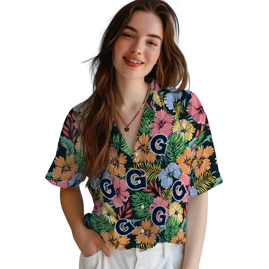 Georgetown Hoyas Hawaiian Shirt - Brilliant Hibiscus Garden georgetown hoyas brilliant hibiscus garden hawaiian shirts latest model