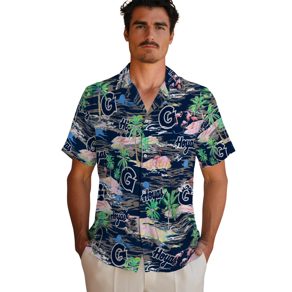 Georgetown Hoyas Hawaiian Shirt - Hawaii Island georgetown hoyas flamingo retreat blue hawaiian shirts fashion forward