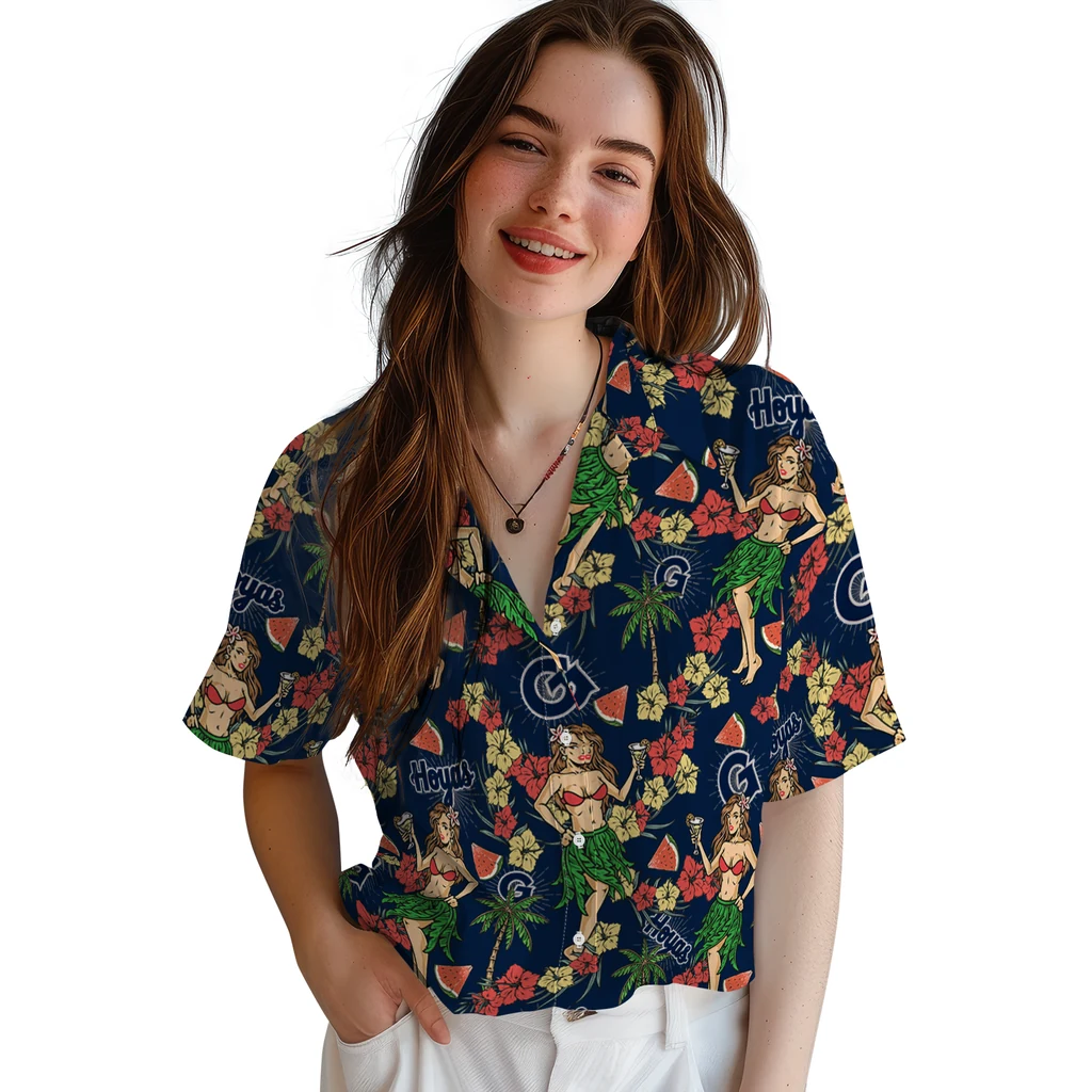 Georgetown Hoyas Hawaiian Shirt - Hawaiian Girls Design georgetown hoyas hawaiian girls design blue hawaiian shirts latest model
