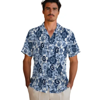 georgetown hoyas hibiscus blooms blue hawaiian shirts fashion forward