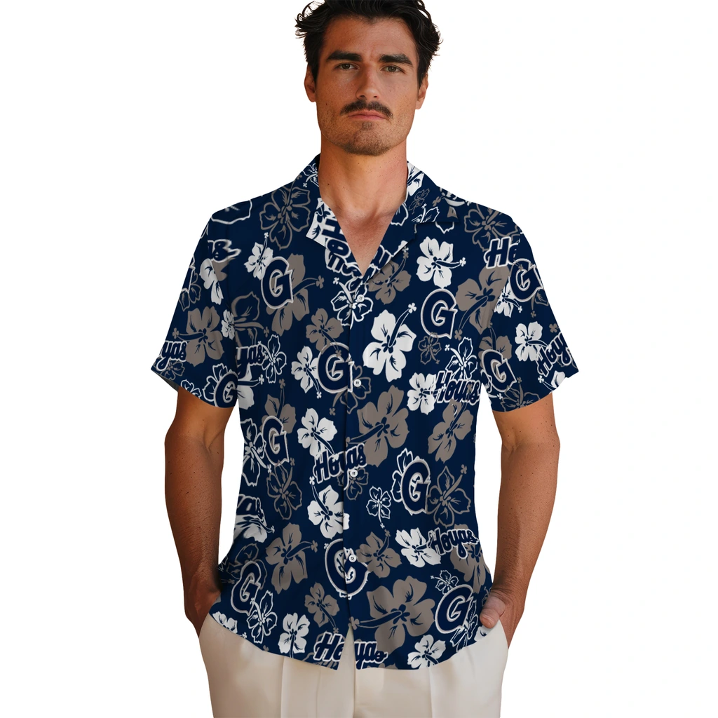 Georgetown Hoyas Hawaiian Shirt - Hibiscus Flower Design georgetown hoyas hibiscus bloom blue hawaiian shirts fashion forward