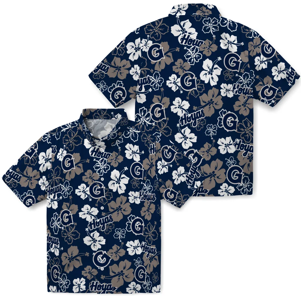 Georgetown Hoyas Hawaiian Shirt - Hibiscus Flower Design georgetown hoyas hibiscus bloom blue hawaiian shirts high quality
