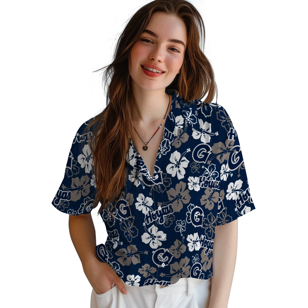 Georgetown Hoyas Hawaiian Shirt - Hibiscus Flower Design georgetown hoyas hibiscus bloom blue hawaiian shirts latest model