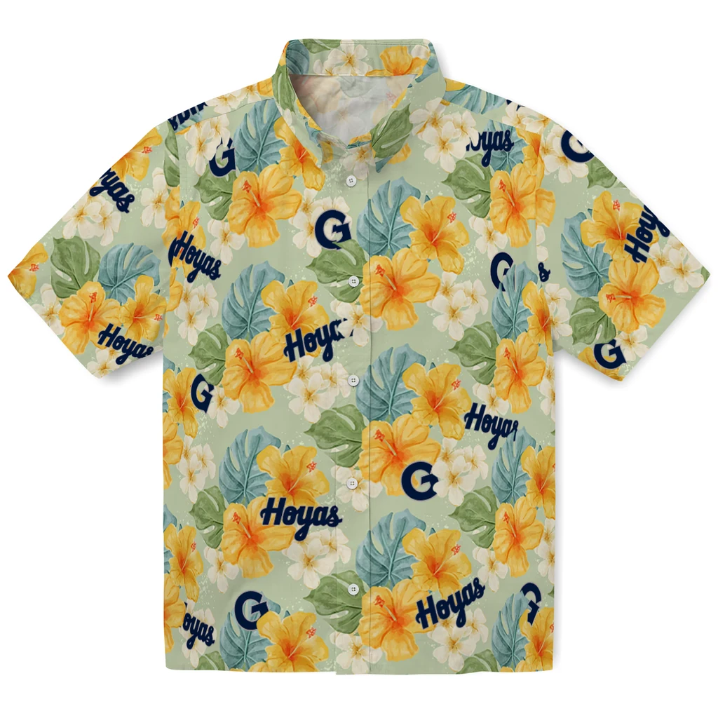 Georgetown Hoyas Hawaiian Shirt - Hibiscus Mood georgetown hoyas hibiscus mood pale lime yellow hawaiian shirts best selling