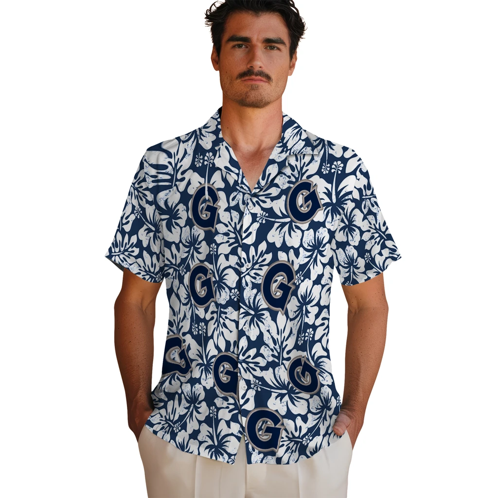 Georgetown Hoyas Hawaiian Shirt - Hibiscus Motif georgetown hoyas hibiscus motif blue white hawaiian shirts fashion forward