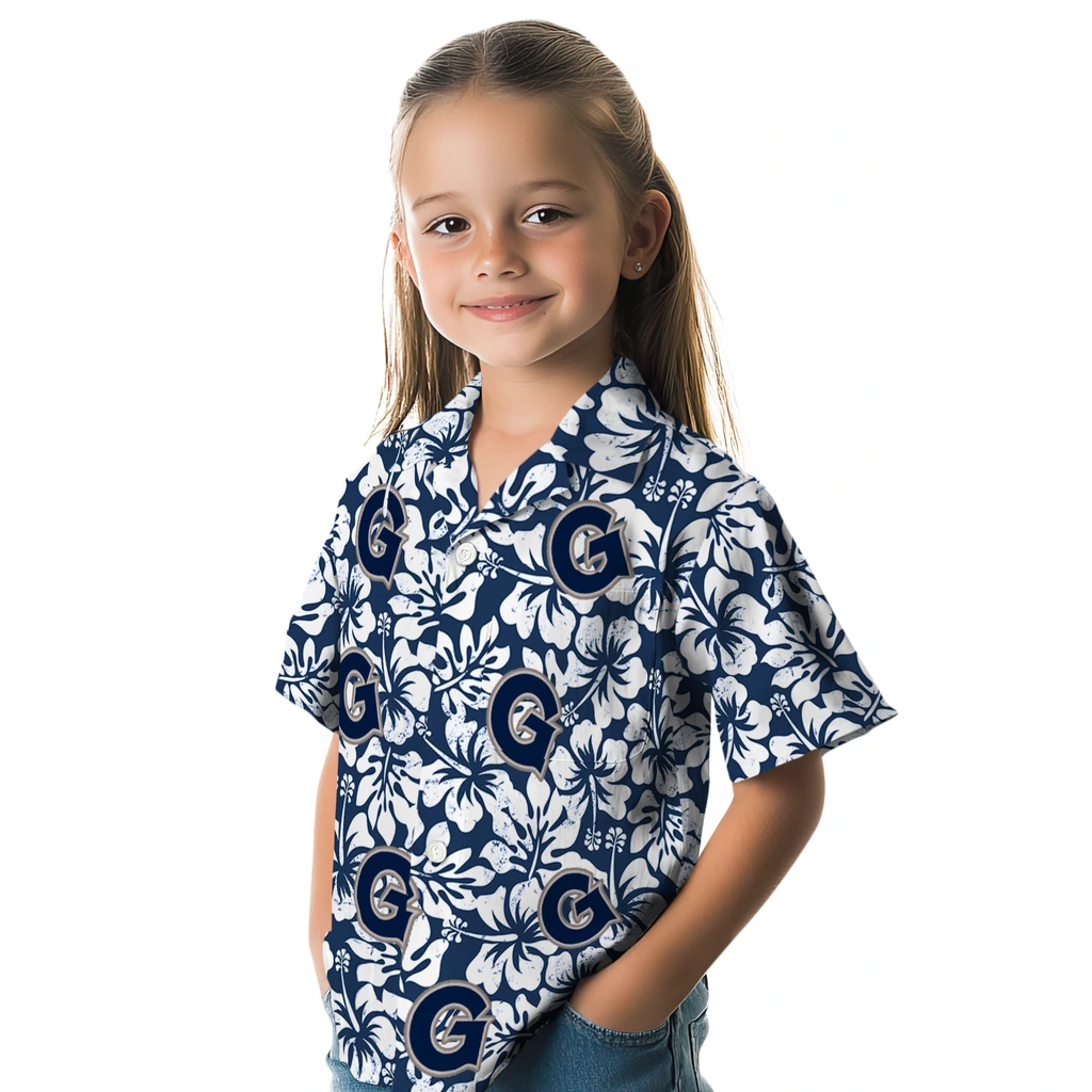 Georgetown Hoyas Hawaiian Shirt - Hibiscus Motif georgetown hoyas hibiscus motif blue white hawaiian shirts premium grade