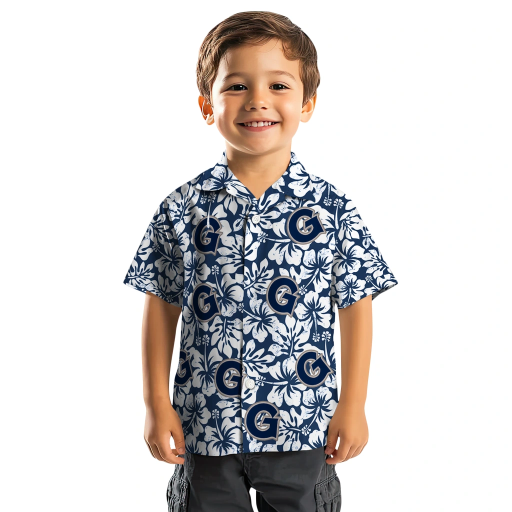 Georgetown Hoyas Hawaiian Shirt - Hibiscus Motif georgetown hoyas hibiscus motif blue white hawaiian shirts top rated