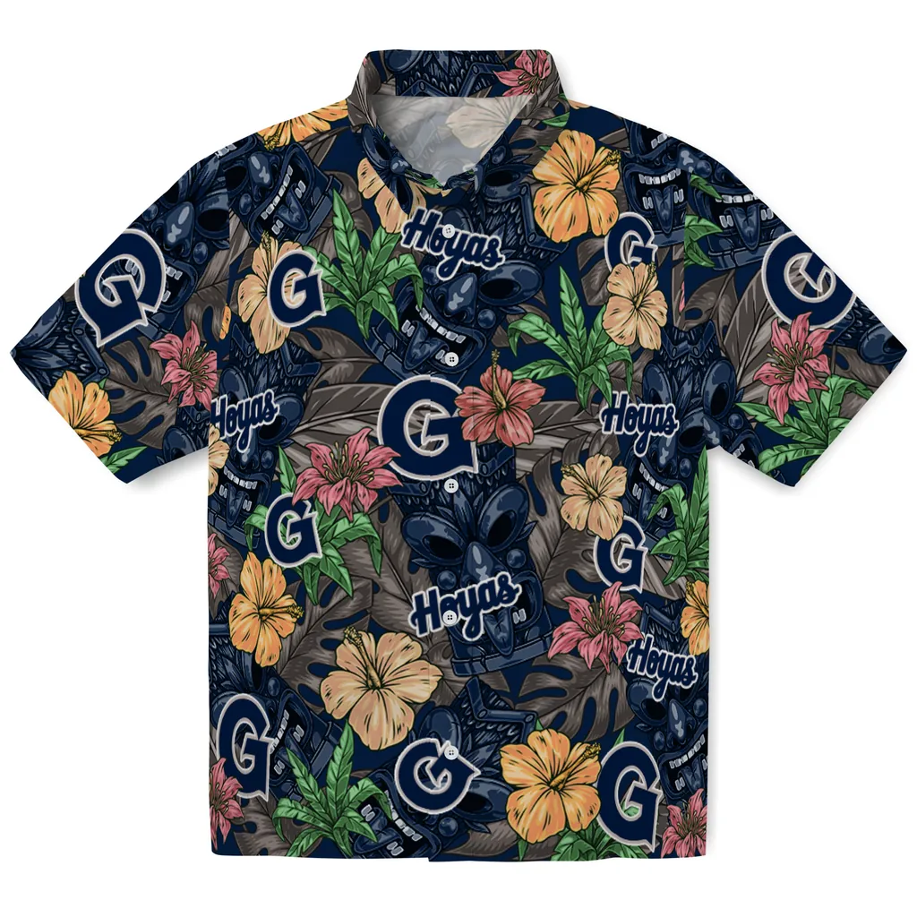 Georgetown Hoyas Hawaiian Shirt - Hibiscus Tiki Jungle georgetown hoyas tiki jungle blue hawaiian shirts best selling