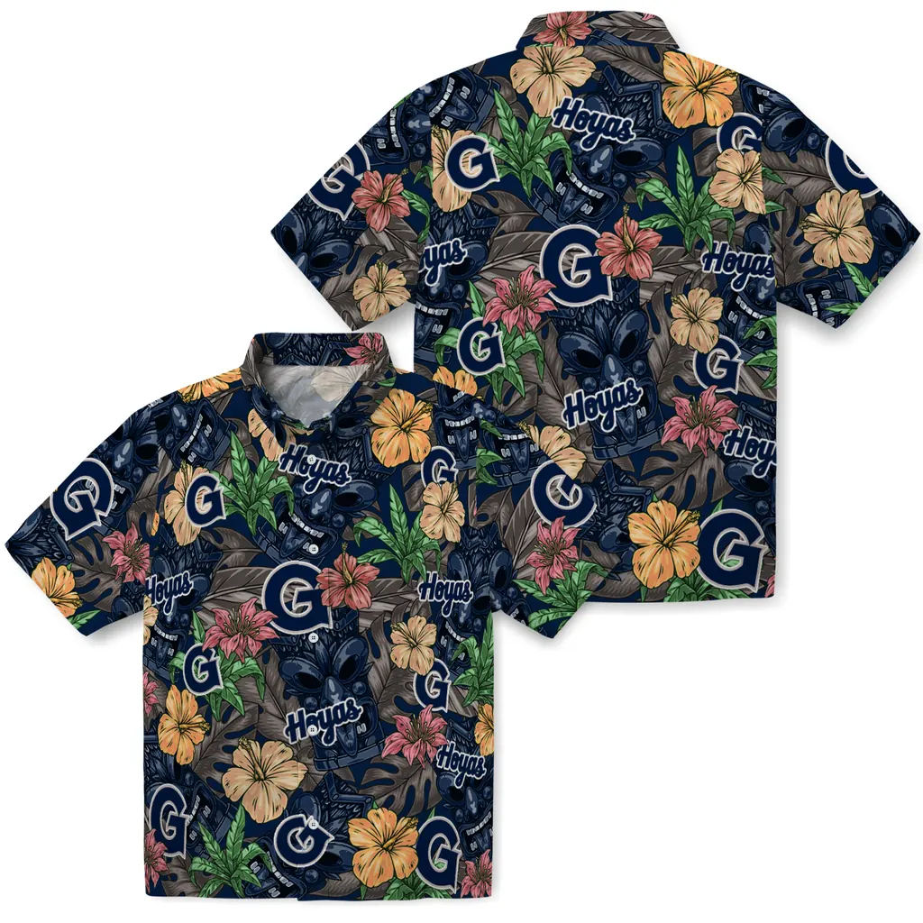 Georgetown Hoyas Hawaiian Shirt - Hibiscus Tiki Jungle georgetown hoyas tiki jungle blue hawaiian shirts high quality