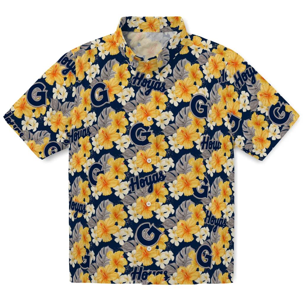 Georgetown Hoyas Hawaiian Shirt - Hibiscus Tropics georgetown hoyas hibiscus tropics blue yellow hawaiian shirts best selling