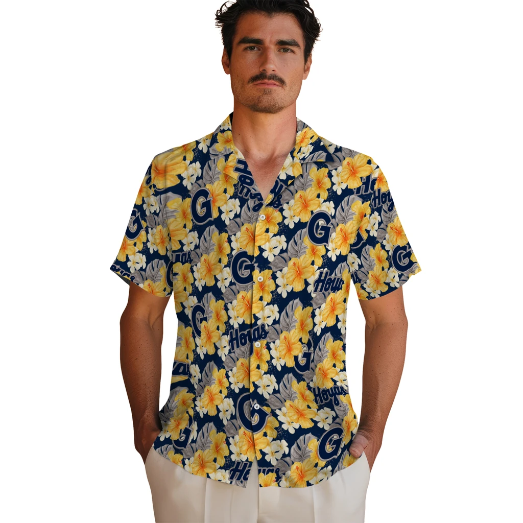 Georgetown Hoyas Hawaiian Shirt - Hibiscus Tropics georgetown hoyas hibiscus tropics blue yellow hawaiian shirts fashion forward