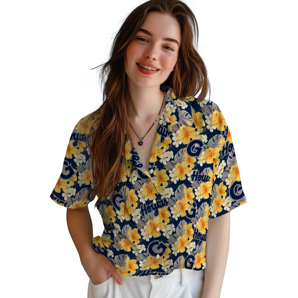 Georgetown Hoyas Hawaiian Shirt - Hibiscus Tropics georgetown hoyas hibiscus tropics blue yellow hawaiian shirts latest model