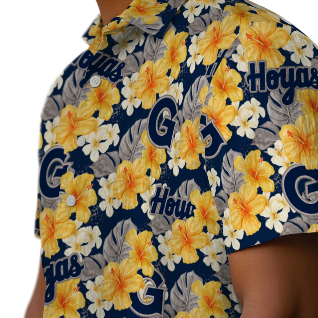 Georgetown Hoyas Hawaiian Shirt - Hibiscus Tropics georgetown hoyas hibiscus tropics blue yellow hawaiian shirts trendy