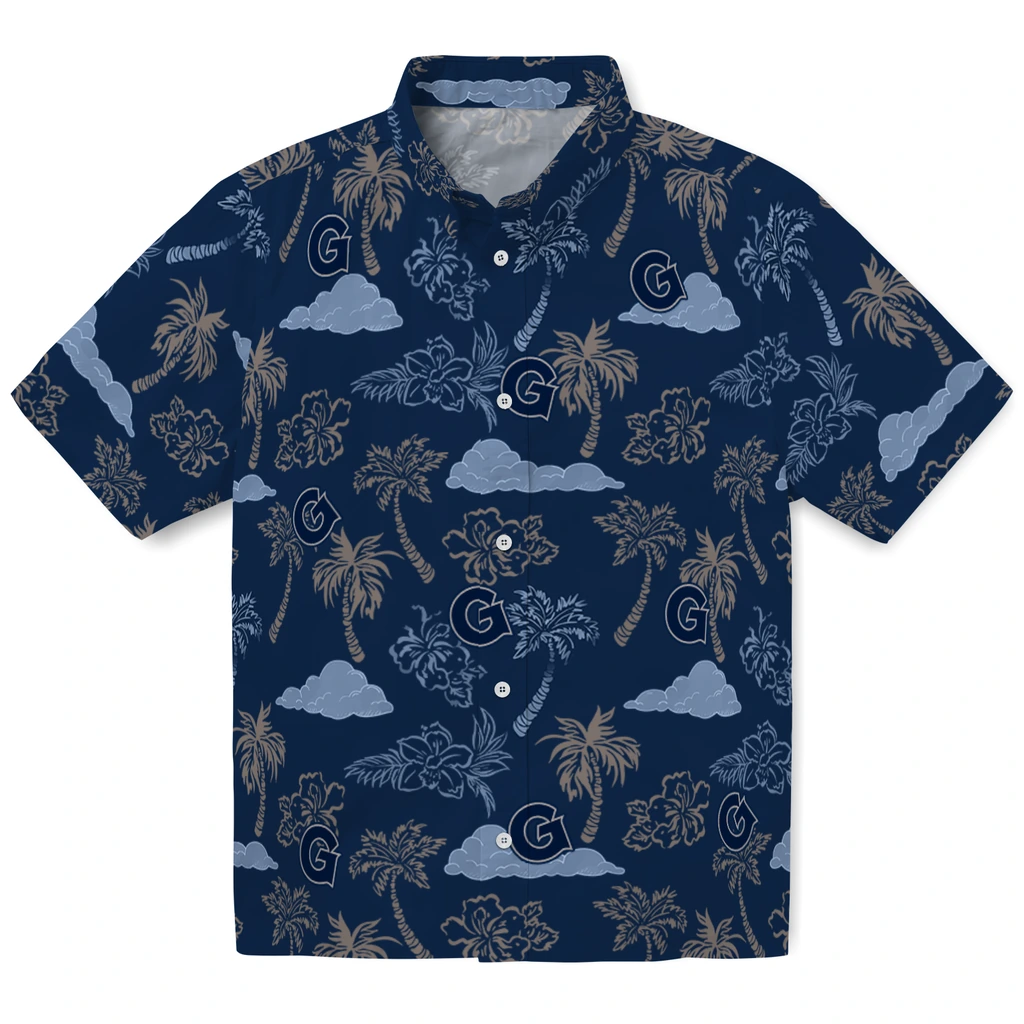 Georgetown Hoyas Hawaiian Shirt - Palm And Clouds georgetown hoyas palm and clouds blue hawaiian shirts best selling