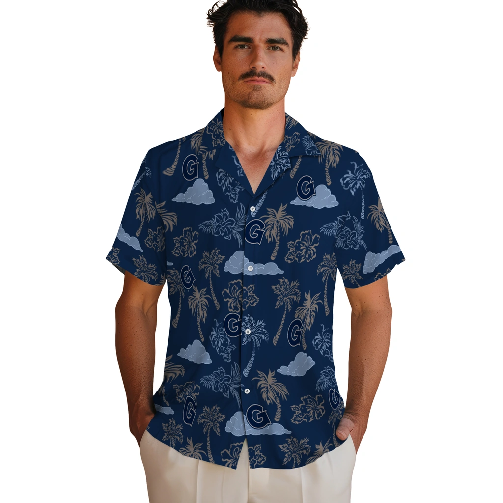 Georgetown Hoyas Hawaiian Shirt - Palm And Clouds georgetown hoyas palm and clouds blue hawaiian shirts fashion forward