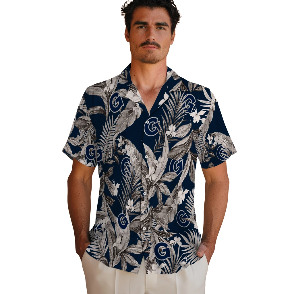 Georgetown Hoyas Hawaiian Shirt - Palm Leaves georgetown hoyas palm leaves blue hawaiian shirts fashion forward