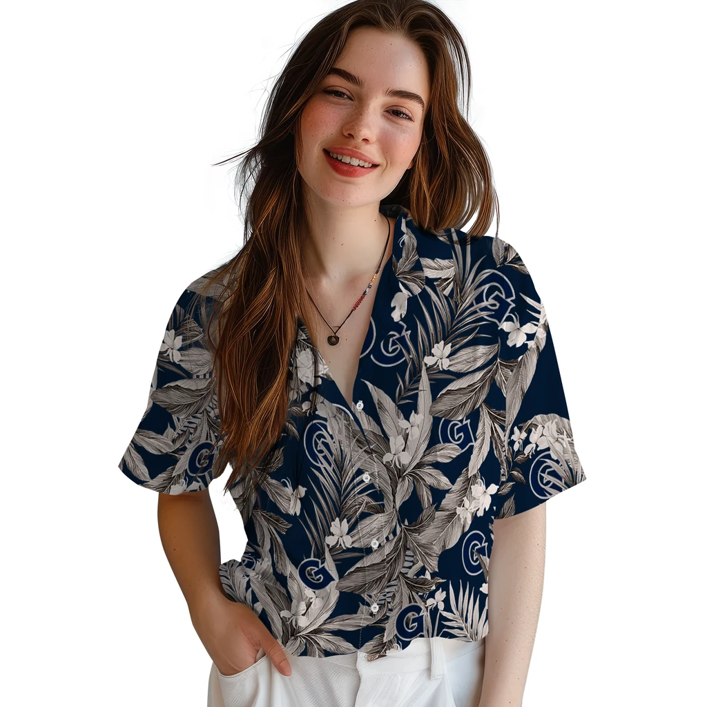 Georgetown Hoyas Hawaiian Shirt - Palm Leaves georgetown hoyas palm leaves blue hawaiian shirts latest model