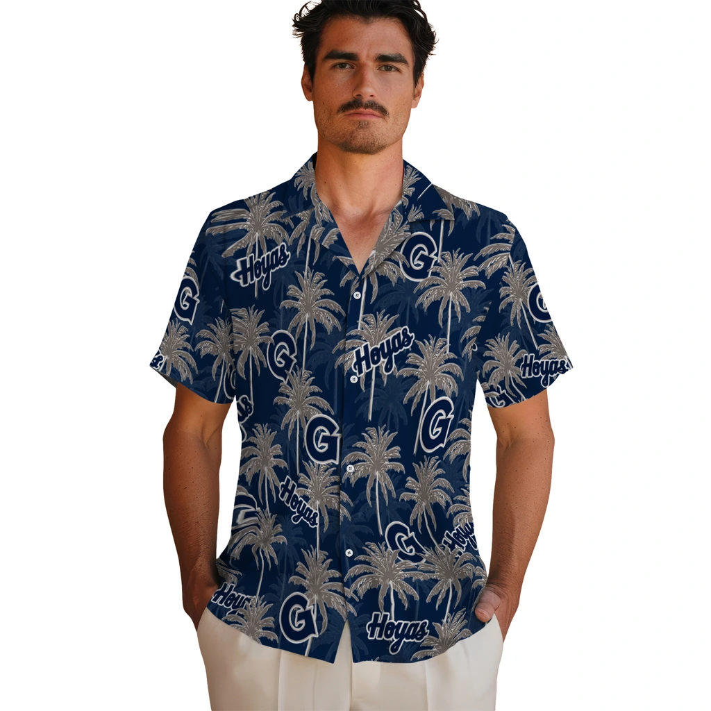 Georgetown Hoyas Hawaiian Shirt - Palm Tree Motif georgetown hoyas palm grove blue hawaiian shirts fashion forward