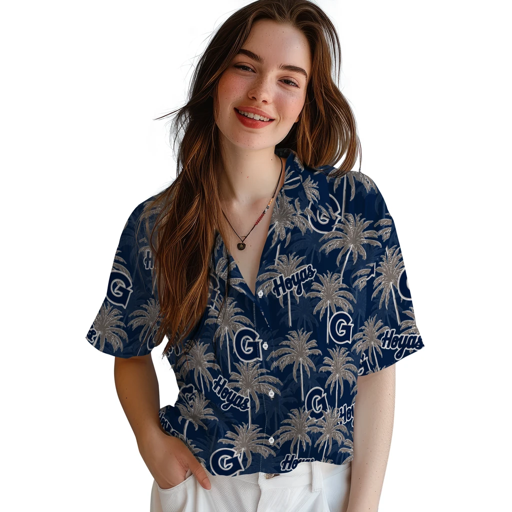 Georgetown Hoyas Hawaiian Shirt - Palm Tree Motif georgetown hoyas palm grove blue hawaiian shirts latest model