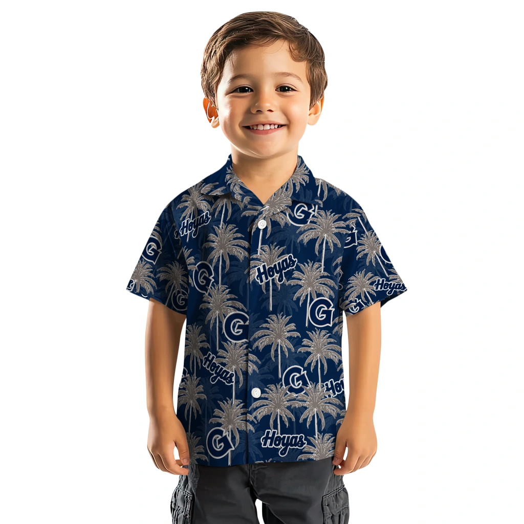 Georgetown Hoyas Hawaiian Shirt - Palm Tree Motif georgetown hoyas palm grove blue hawaiian shirts top rated