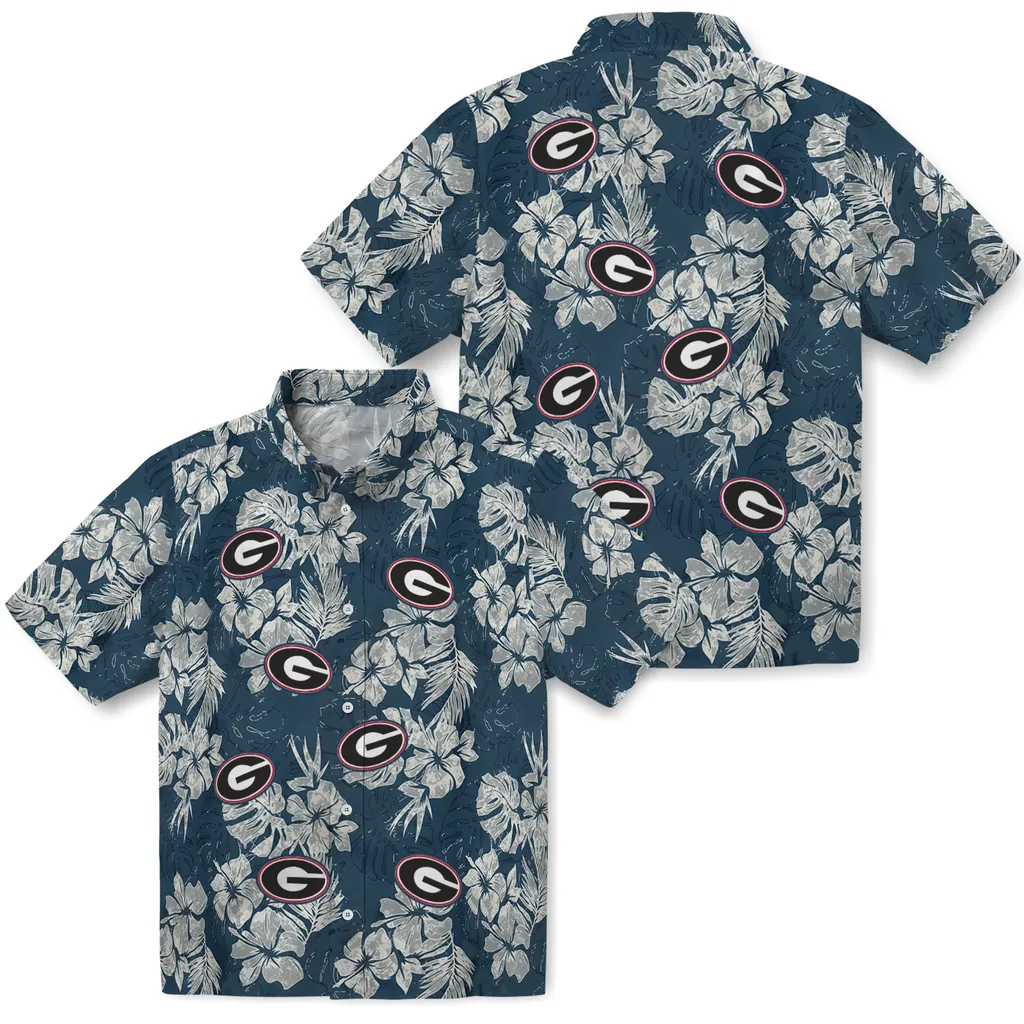 Georgia Bulldogs Hawaiian Shirt - Hibiscus Flowers georgia bulldogs hibiscus flowers navy blue hawaiian shirts high quality