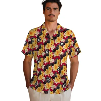 georgia bulldogs hibiscus tropics red yellow hawaiian shirts fashion forward