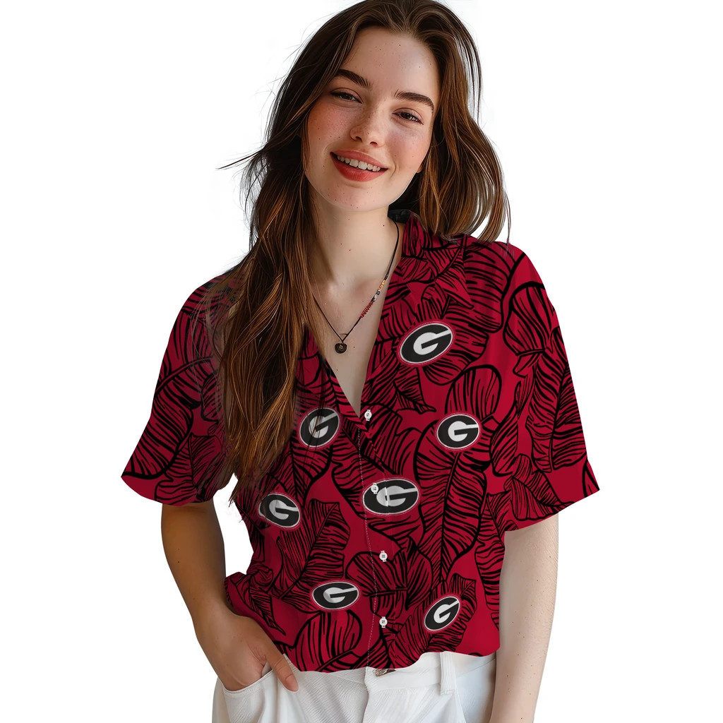 Georgia Bulldogs Hawaiian Shirt - Leaf Outline georgia bulldogs leaf outline red hawaiian shirts latest model
