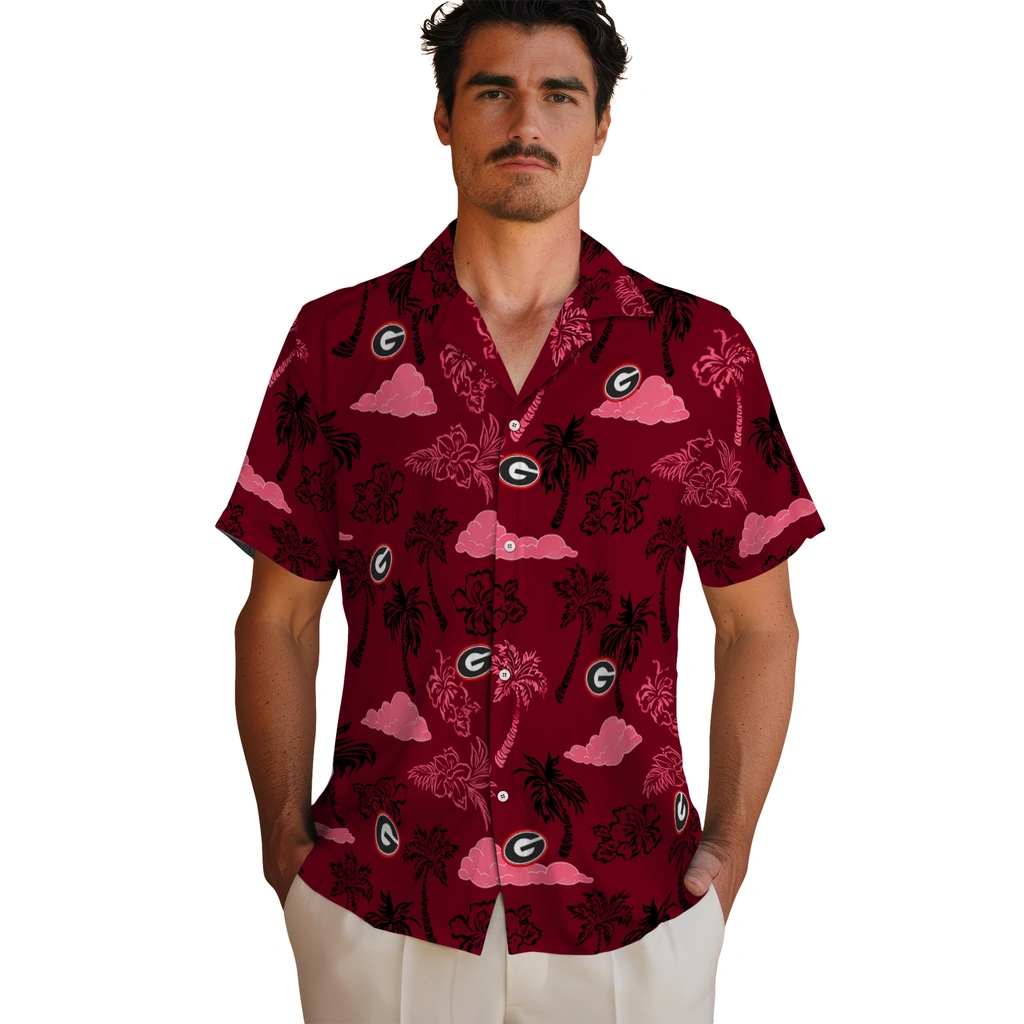 Georgia Bulldogs Hawaiian Shirt - Palm And Clouds georgia bulldogs palm and clouds red hawaiian shirts fashion forward