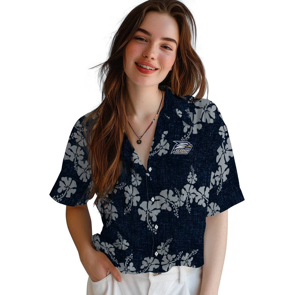 Georgia Southern Eagles Hawaiian Shirt - 50th State Flower georgia southern eagles hibiscus petals blue hawaiian shirts latest model