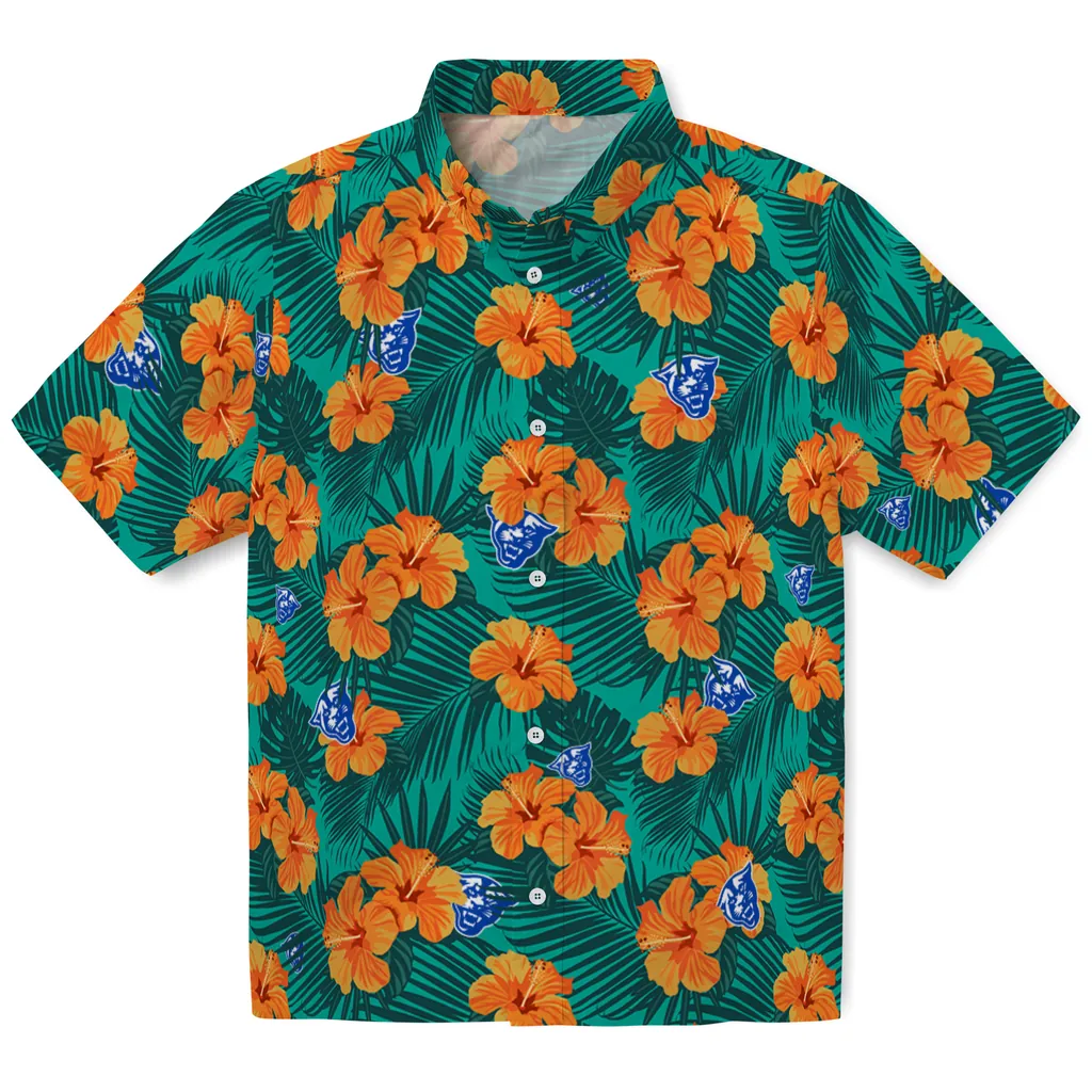 Georgia State Panthers Hawaiian Shirt - Hibiscus and Palm Leaves georgia state panthers hibiscus escape green hawaiian shirts best selling