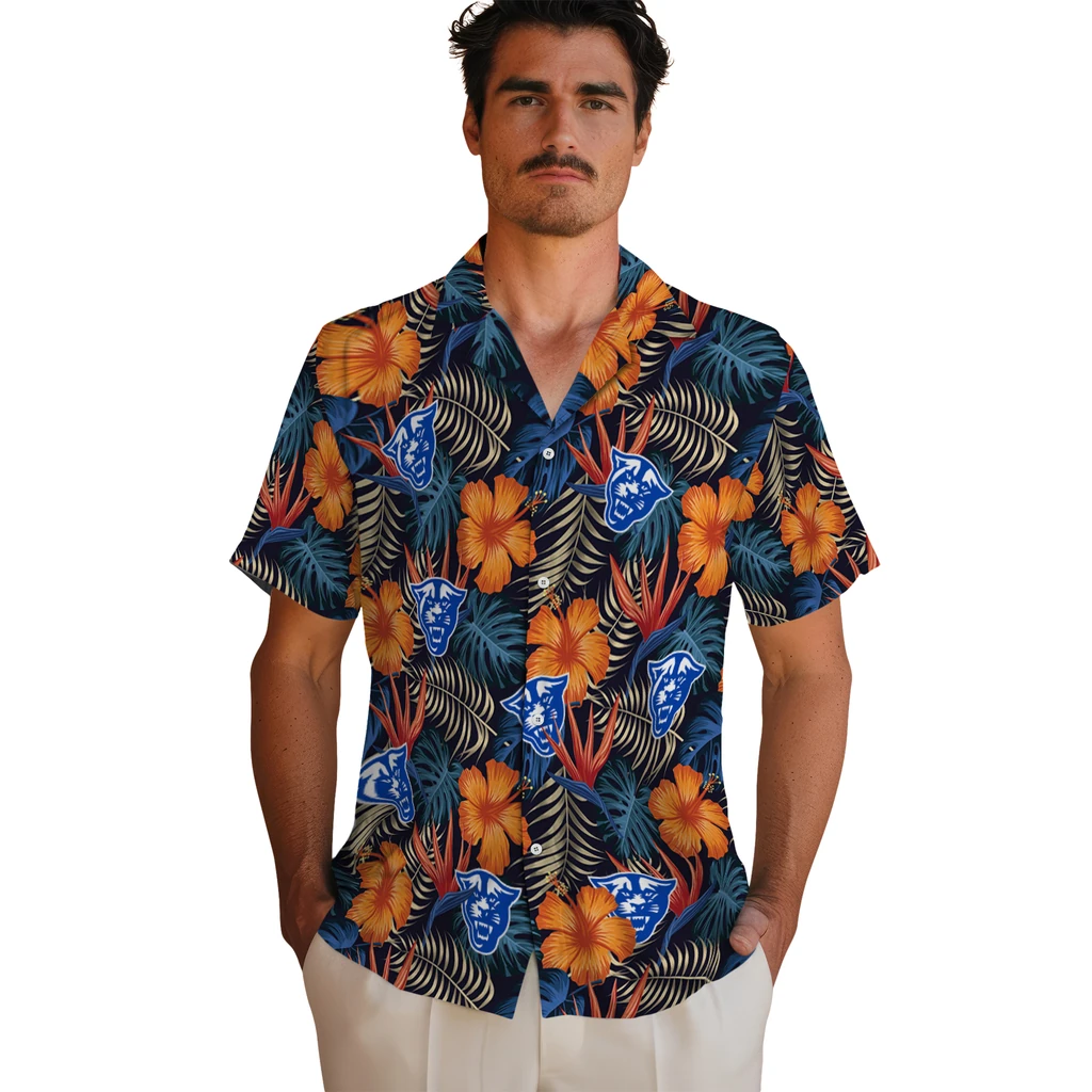 Georgia State Panthers Hawaiian Shirt - Hibiscus Foliage georgia state panthers hibiscus foliage hawaiian shirts fashion forward