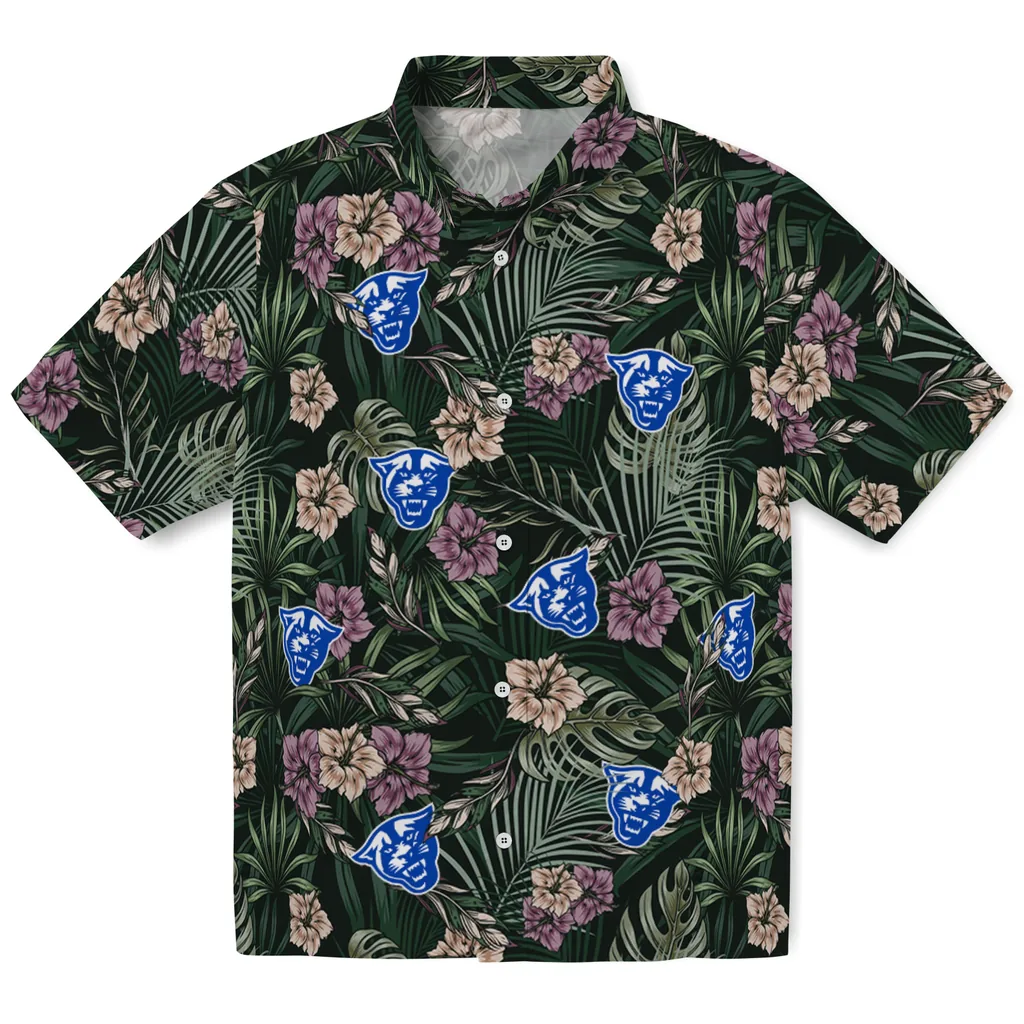 Georgia State Panthers Hawaiian Shirt - Hibiscus Leaves Pattern georgia state panthers hibiscus leaves pattern green hawaiian shirts best selling
