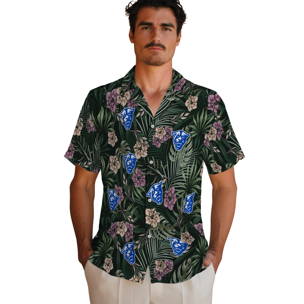 Georgia State Panthers Hawaiian Shirt - Hibiscus Leaves Pattern georgia state panthers hibiscus leaves pattern green hawaiian shirts fashion forward
