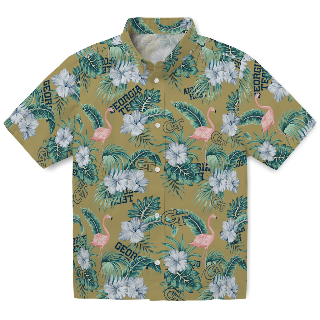 Georgia Tech Yellow Jackets Hawaiian Shirt - Flamingo and Hibiscus georgia tech yellow jackets flamingo palms gold hawaiian shirts best selling