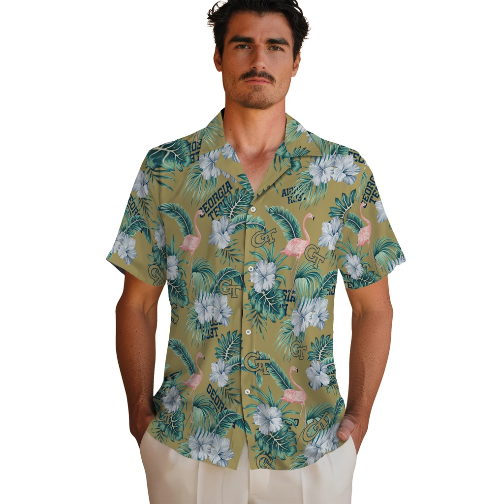 Georgia Tech Yellow Jackets Hawaiian Shirt - Flamingo and Hibiscus georgia tech yellow jackets flamingo palms gold hawaiian shirts fashion forward