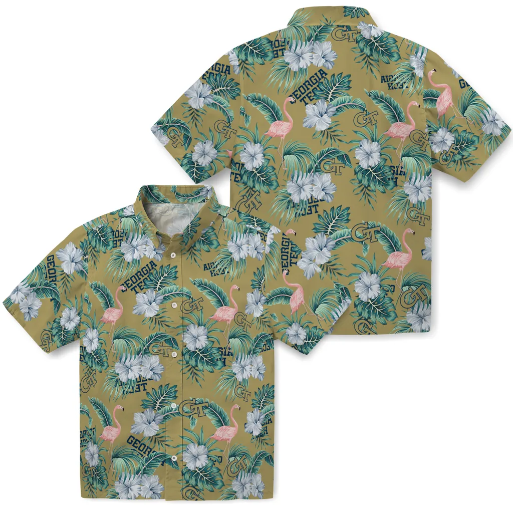 Georgia Tech Yellow Jackets Hawaiian Shirt - Flamingo and Hibiscus georgia tech yellow jackets flamingo palms gold hawaiian shirts high quality