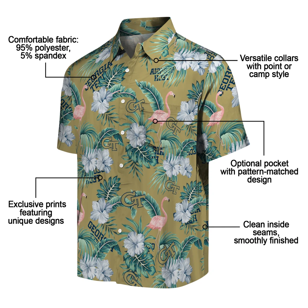 Georgia Tech Yellow Jackets Hawaiian Shirt - Flamingo and Hibiscus georgia tech yellow jackets flamingo palms gold hawaiian shirts new arrival