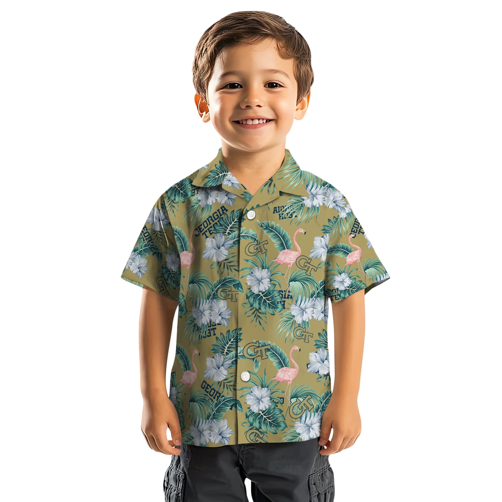 Georgia Tech Yellow Jackets Hawaiian Shirt - Flamingo and Hibiscus georgia tech yellow jackets flamingo palms gold hawaiian shirts top rated