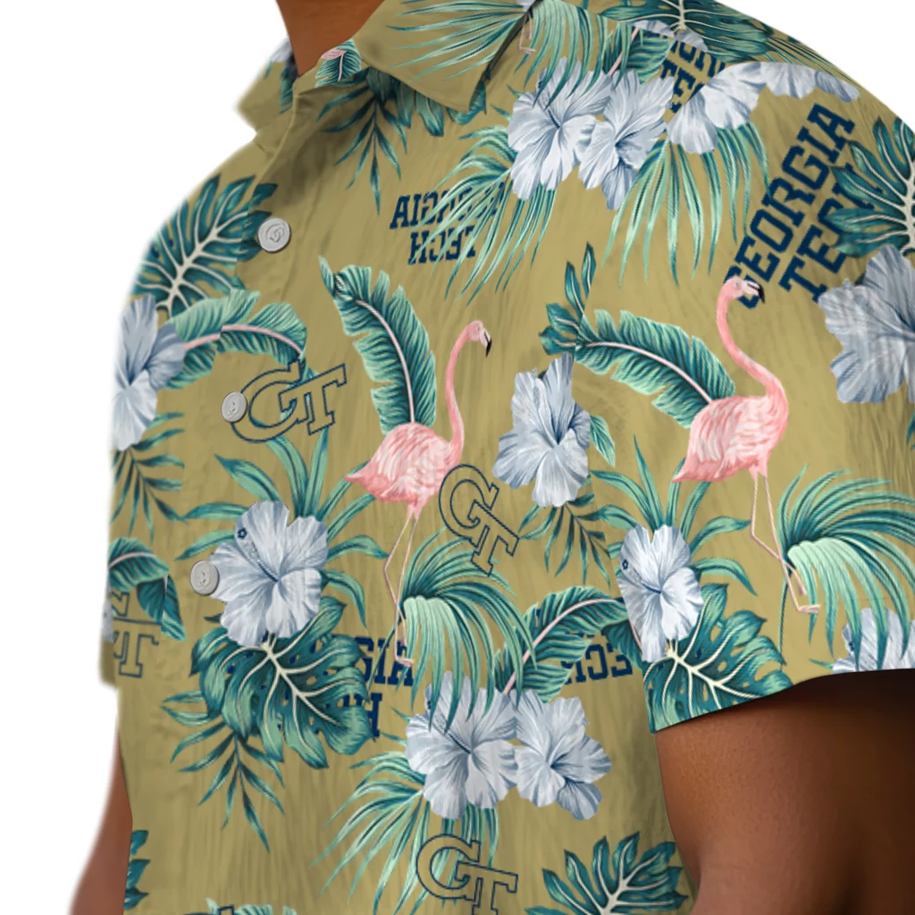 Georgia Tech Yellow Jackets Hawaiian Shirt - Flamingo and Hibiscus georgia tech yellow jackets flamingo palms gold hawaiian shirts trendy