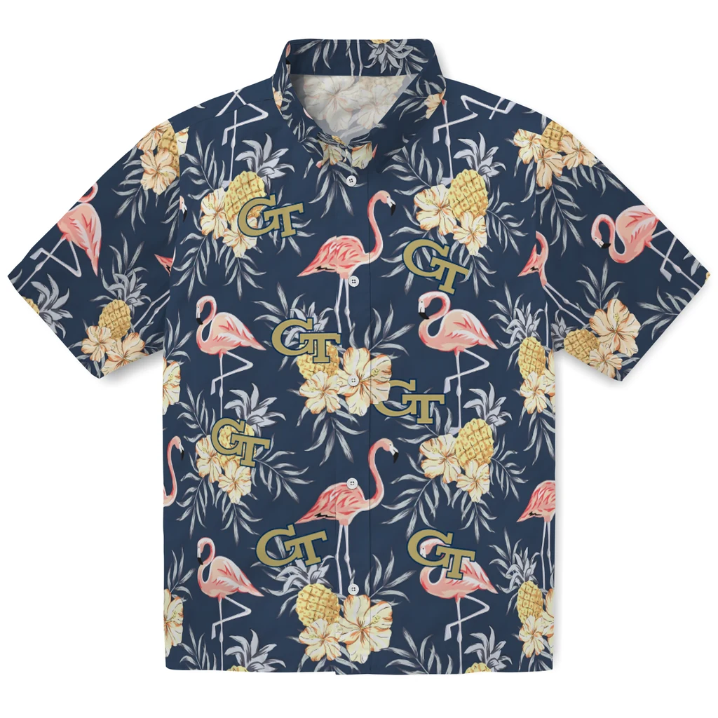 Georgia Tech Yellow Jackets Hawaiian Shirt - Flamingo Hibiscus georgia tech yellow jackets flamingo hibiscus navy hawaiian shirts best selling