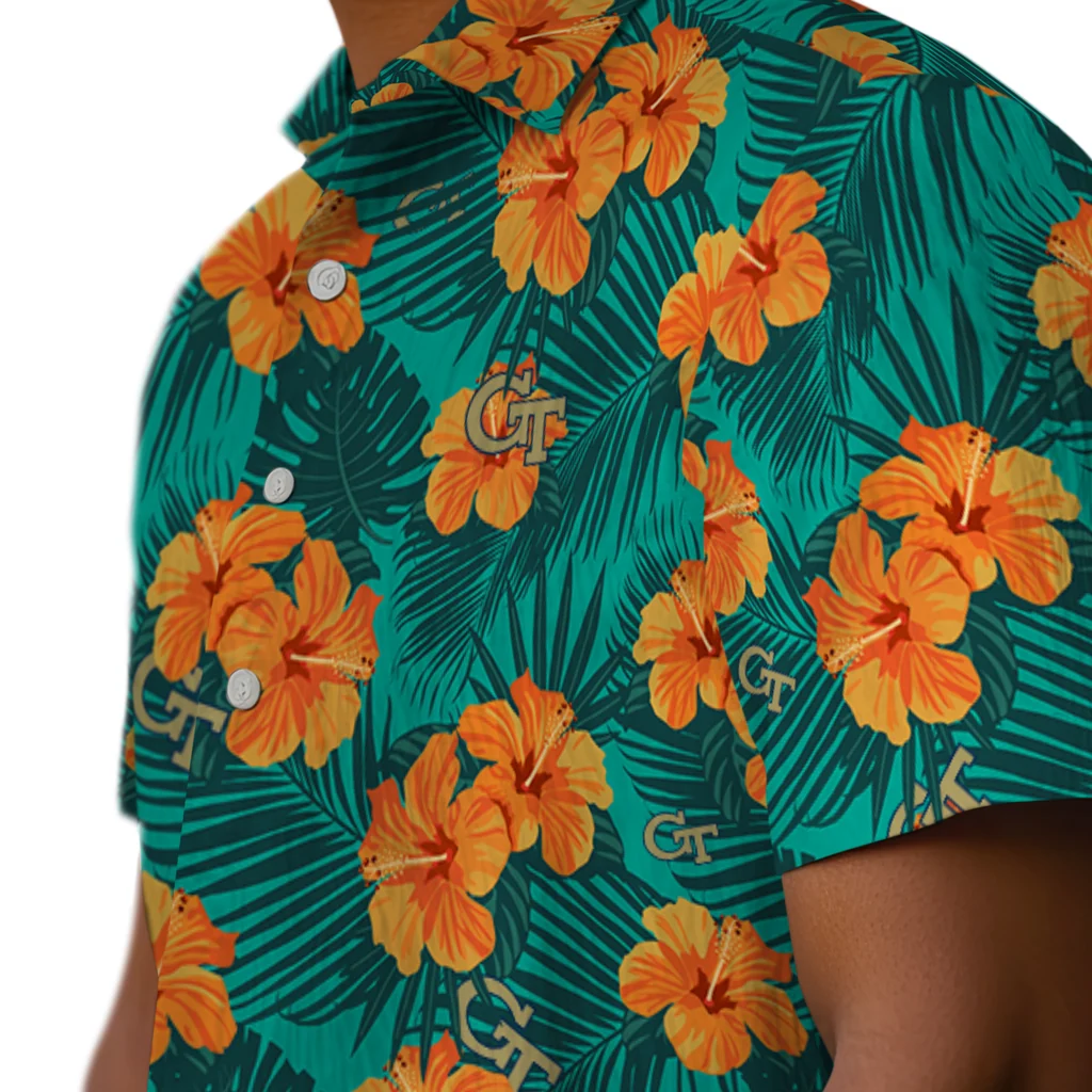 Georgia Tech Yellow Jackets Hawaiian Shirt - Hibiscus and Palm Leaves georgia tech yellow jackets hibiscus escape green hawaiian shirts trendy
