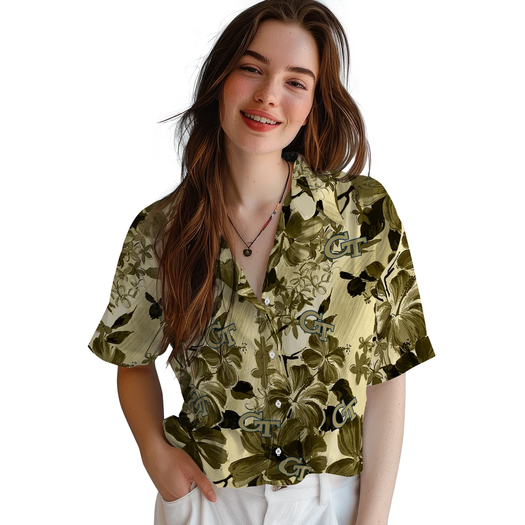 Georgia Tech Yellow Jackets Hawaiian Shirt - Hibiscus Arrangement georgia tech yellow jackets hibiscus arrangement gold hawaiian shirts latest model