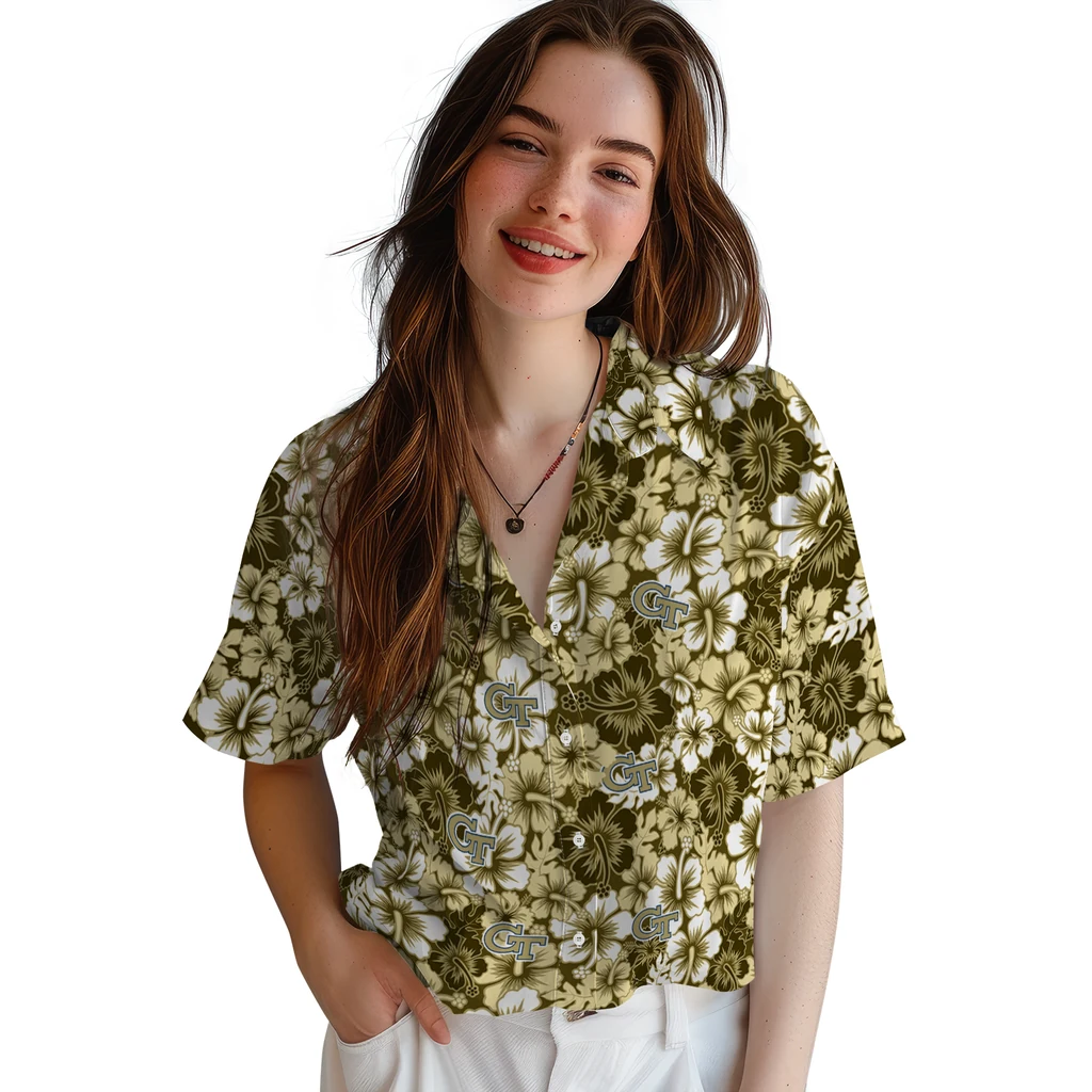 Georgia Tech Yellow Jackets Hawaiian Shirt - Hibiscus Blooms georgia tech yellow jackets hibiscus blooms gold hawaiian shirts latest model