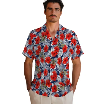 georgia tech yellow jackets hibiscus fiesta red royal blue hawaiian shirts fashion forward