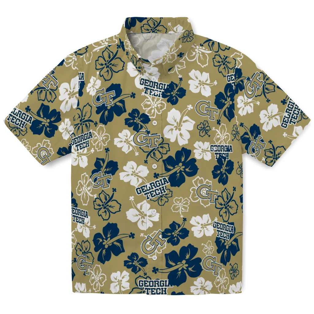 Georgia Tech Yellow Jackets Hawaiian Shirt - Hibiscus Flower Design georgia tech yellow jackets hibiscus bloom gold hawaiian shirts best selling